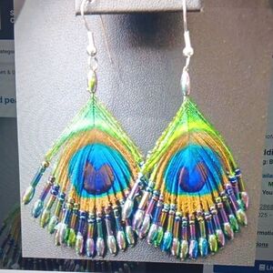 Beaded Peacock Feather Earrings